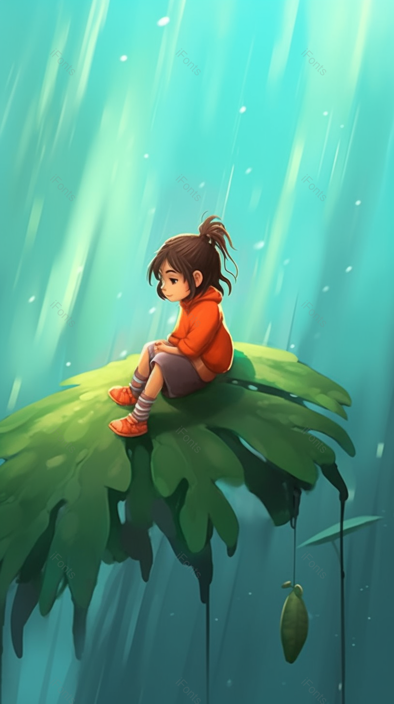 红衣小女孩坐在树叶上观望着风景创意儿童插画设计背景,插画/手绘图,插画/手绘图库,插画/手绘图下载,插画/手绘
